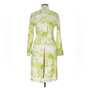 Shanghai Tang Jacket Coat Long shirt top Green White Print 100% Cotton sz 6 Med